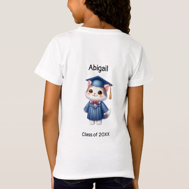 Vorschule Girl Graduate Name Niedlich Cat T-Shirt (Rückseite)