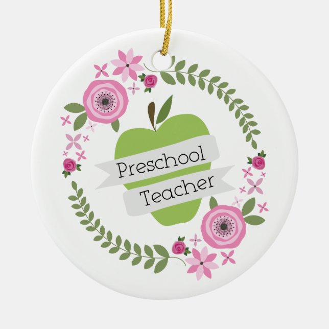 Vorschullehrer-BlumenKranz-Grün Apple Keramikornament (Vorne)