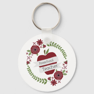 Vorschullehrer Floral Wreath Red Apple Schlüsselanhänger