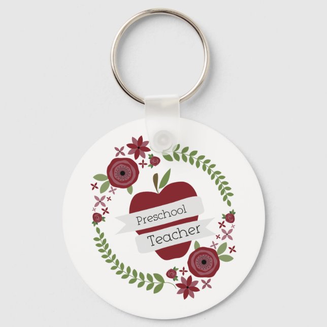 Vorschullehrer Floral Wreath Red Apple Schlüsselanhänger (Vorderseite)