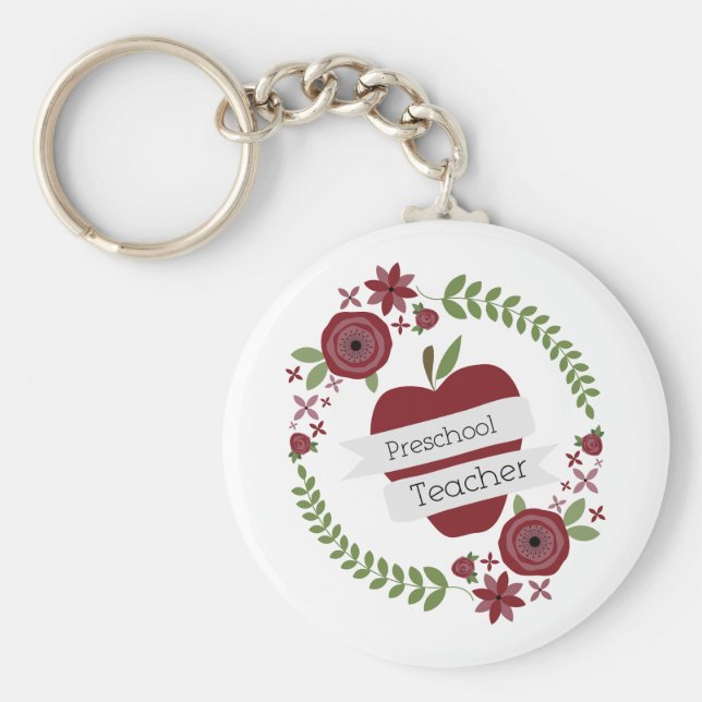 Vorschullehrer Floral Wreath Red Apple Schlüsselanhänger (Vorne)