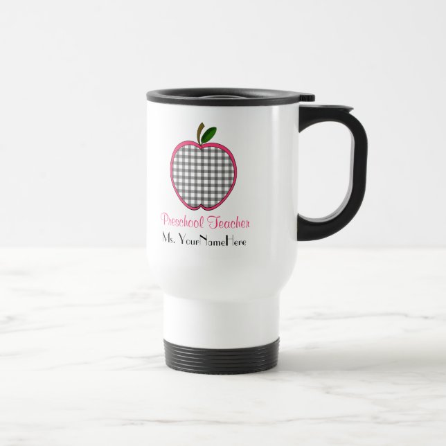 Vorschullehrer-Tasse - graues Rosa Gingham-Apples Reisebecher (Rechts)