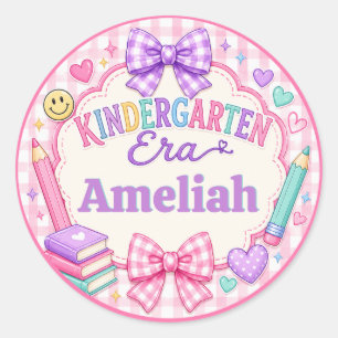 Vorschulzeit Vornehme Schleifen Rosa Gingham Name Runder Aufkleber