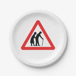 VORSICHT Ältere Menschen - Verkehrszeichen des Ve Pappteller