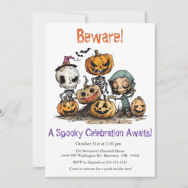 "Vorsicht! Eine Spooky-Feier wartet!" Halloween Einladung (Vorderseite)