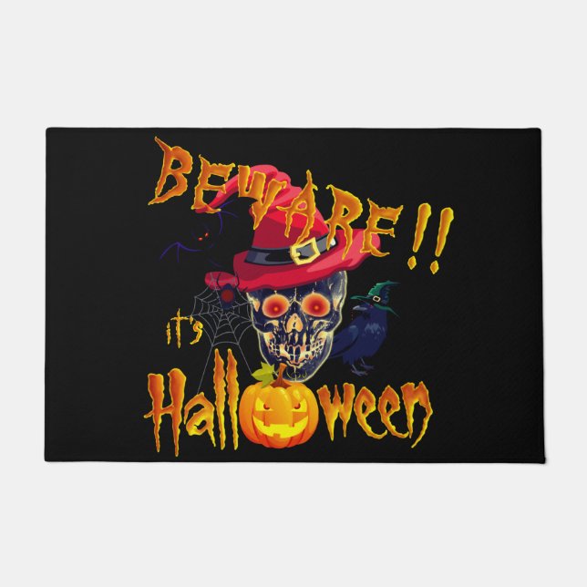 Vorsicht, es ist Halloween Skull und Pumpkin Fußmatte (Vorderseite)