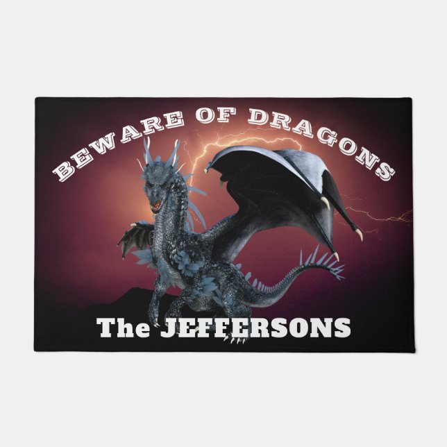"Vorsicht vor Drachen" mit Drachen und Blitzen Fußmatte (Vorderseite)