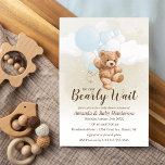 Vorwarte neutrale, blaue und weiße Babydusche Einladung<br><div class="desc">Diese Bearly Wait Neutral,  Blue und White Baby Dusche ist perfekt für Ihr flauschiges und kuscheliges Teddybär Event!</div>