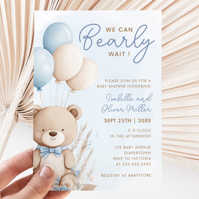 Vorwarte neutrale blaue und weiße Babydusche Einladung (Bearly Wait Neutral Blue and White Baby Shower Invitation)