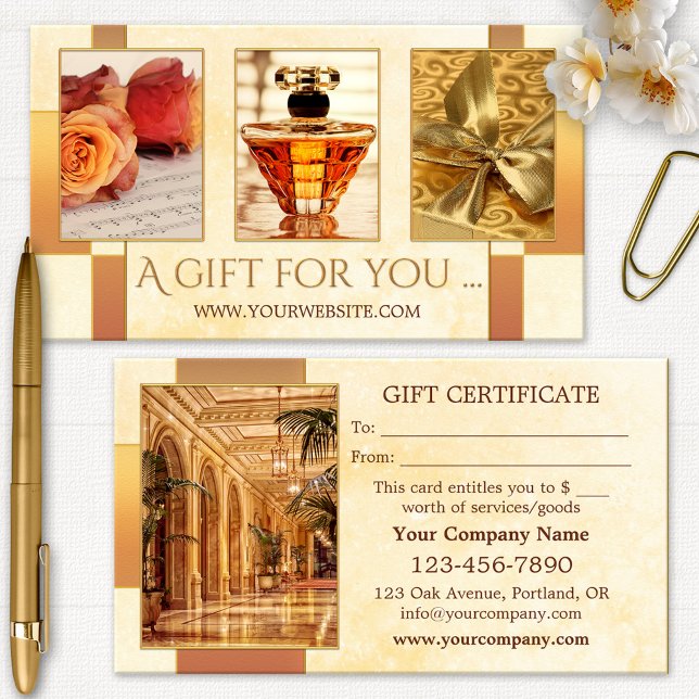 Vos Photos Articles De Luxe Carte Cadeau (Gift certificate template featuring your photos on a geometric gold stylized background)