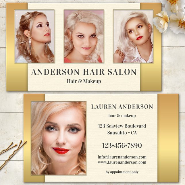 Vos photos Carte de visite de beauté de cheveux d' (Makeup and hair salon business card featuring your photos portfolio on gold and cream)