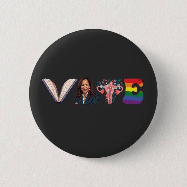 VOTE Bücher Uterus LGBT Kamala Harris Walz Wahl Button (Vorderseite)