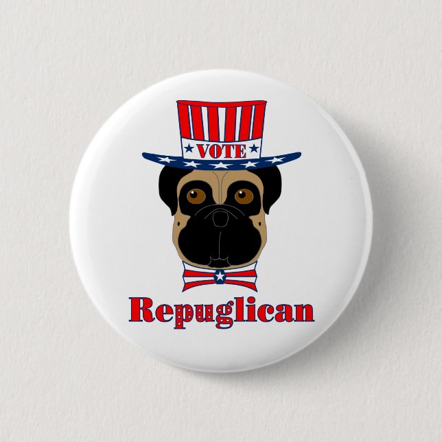 Vote rePUGlican Funny Mops in Red White Blue Hat Button (Vorderseite)