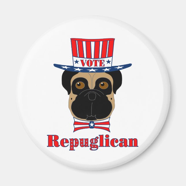 Vote rePUGlican Funny Mops in Red White Blue Hat Magnet (Vorne)