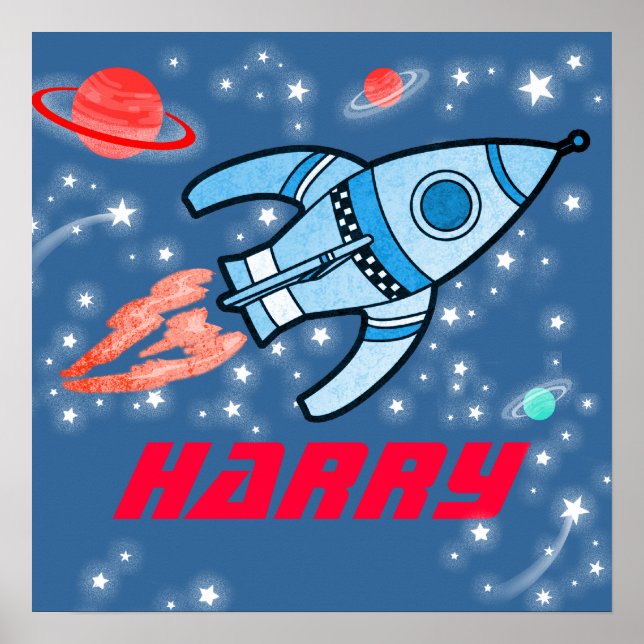 Votre nom espace fusée garçons bleu rouge affiche (Devant)