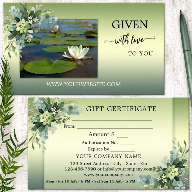 Votre photo Green Relax Beauté Spa Certificat cade (Wellness gift certificate business card featuring your photo on watercolor greenery - massage - yoga)