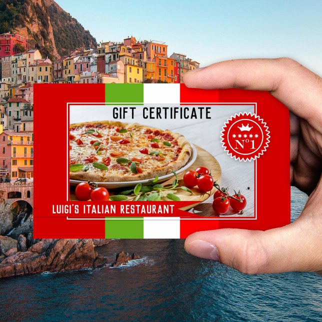 Votre photo Italian Restaurant Certificat cadeau (Gift certificate for an Italian restaurant featuring an image of pizza framed by the Italian flag)