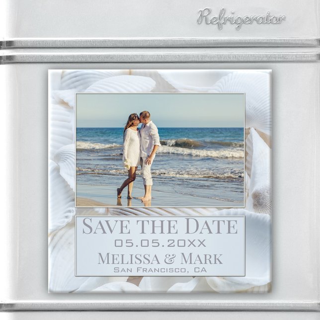 Votre photo White Sea Shells Save the Date Magnet (Elegant Save the Date magnet featuring your own photo framed by a modern design with white seashells)