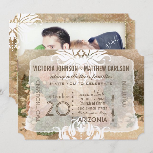 Votre Rose Photo Gold Floral Wedding Invitations (Devant / Derrière)