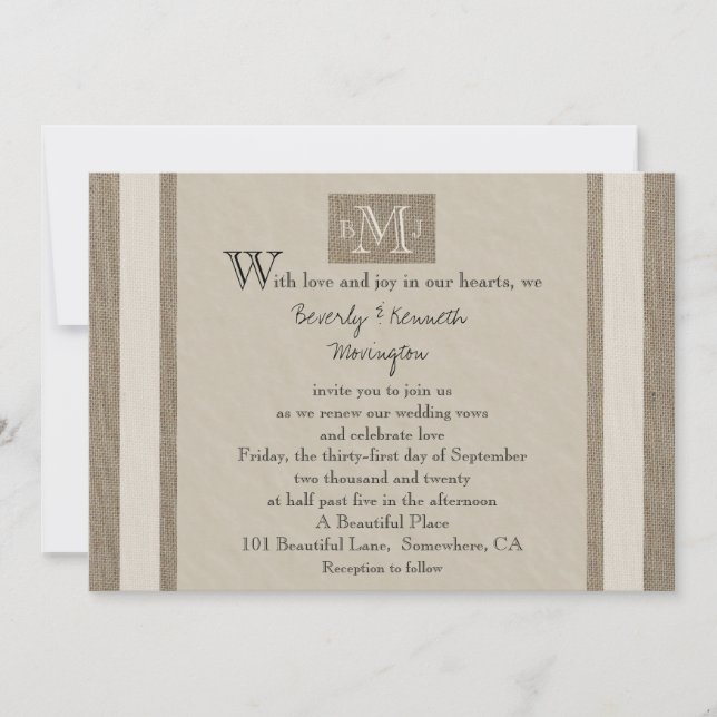 Vow Renewal Burlap Parchlook Einladung (Vorderseite)