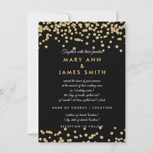 Vow Renewal Gold Imitate Glitzer Confetti Black Einladung (Vorderseite)