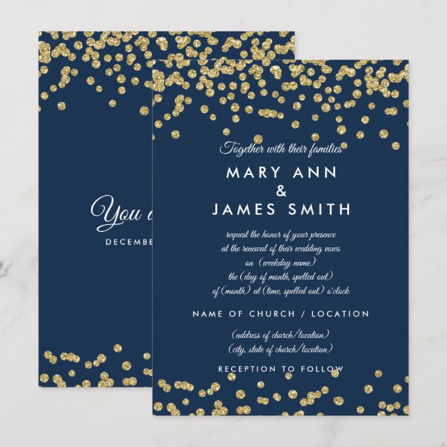 Vow Renewal Gold Imitats Glitzer Confetti Marine Einladung (Vorne/Hinten)
