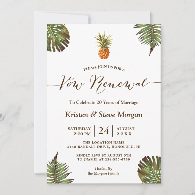 Vow Renewal Party - Summer Luau Ananas Blätter Einladung (Vorderseite)