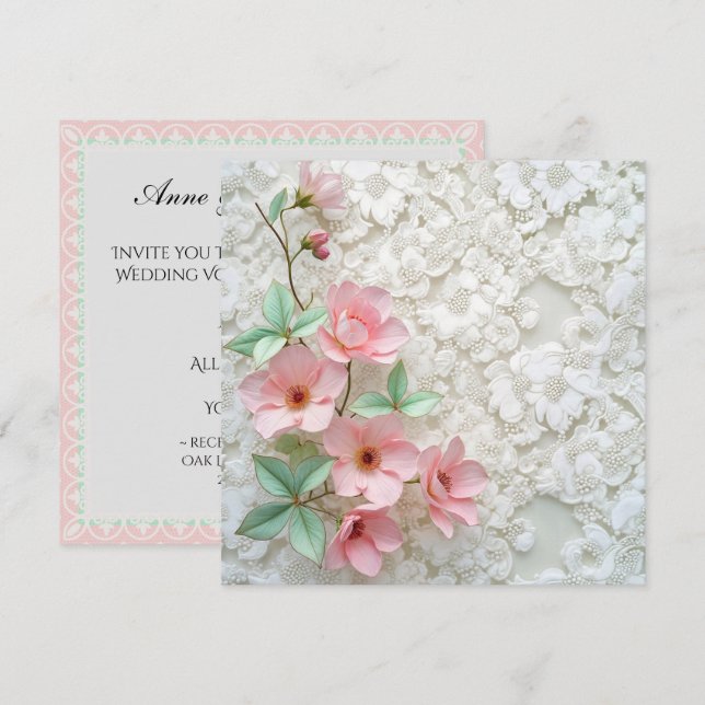 Vow Renewal Pink Blume auf der White Bridal Spitze Einladung (Vorne/Hinten)