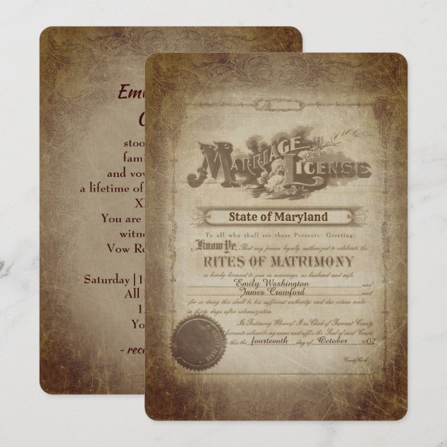 Vow Renewal Vintage Wedding Certificate  Einladung (Vorne/Hinten)