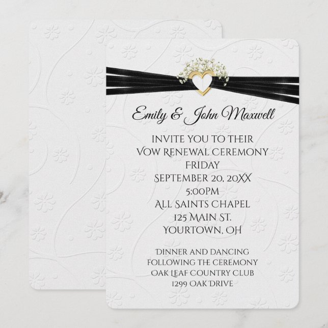 Vow Renewal White Embossed Floral with Heart Einladung (Vorne/Hinten)