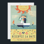 Voyage Vintage Illustration Voilier Réservez Date Einladung<br><div class="desc">Inspiré par les affiches vintages de voyage,  cet amusement la date est un excellent moyen de répandre les bonnes nouvelles au sujet de votre mariage prochain de destination. Pour modifier la couleur de la peau de l'illustré couple ou la couleur des cheveux veuillez contacter le concepteur avec votre demande.</div>