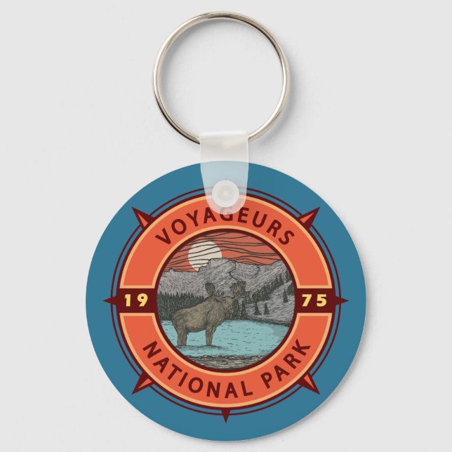 Voyageurs Nationalpark Moose Retro Kompass Emblem Schlüsselanhänger (Vorderseite)