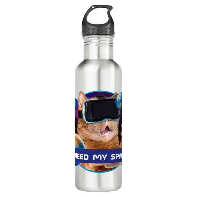 VR Katze im Weltraum Edelstahlflasche (Vorderseite)