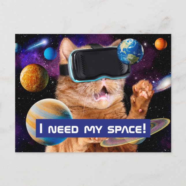 VR Katze im Weltraum Einladungspostkarte (Vorderseite)