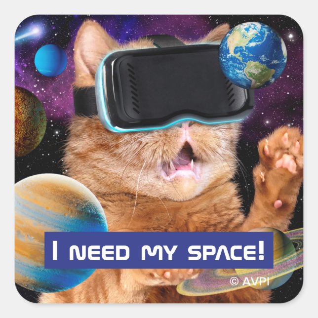 VR Katze im Weltraum Quadratischer Aufkleber (Vorderseite)