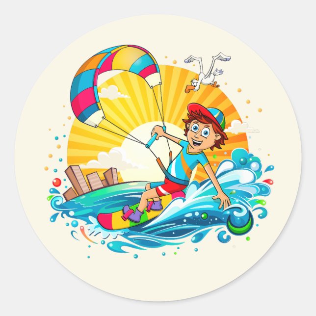 Vrolijke kite surfing illustratie.  runder aufkleber (Vorderseite)