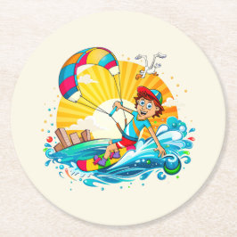 Vrolijke kite surfing illustratie.  runder pappuntersetzer