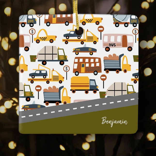 Vroom! Autoverkehr Muster Boy Weihnachten Keramikornament (Von Creator hochgeladen)