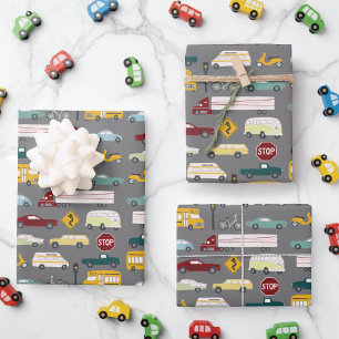 Vroom! Verkehrsbild Autos LKW Bus Fahrrad grau Geschenkpapier Set