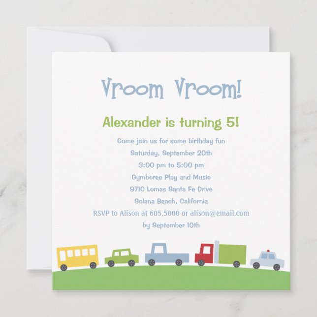 Vroom Vroom Cars Invitation à la fête d'anniversai (Devant)