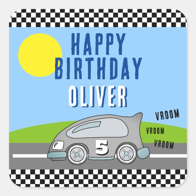 Vroom Vroom Racing Auto Road Name Happy Birthday Quadratischer Aufkleber (Vorderseite)