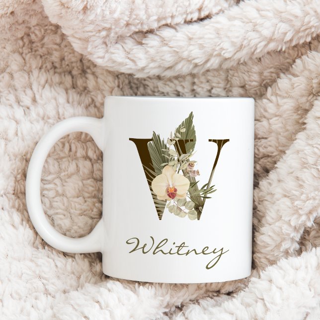W Boho Floral Orchid Greenery Individuelle Name Kaffeetasse (Von Creator hochgeladen)