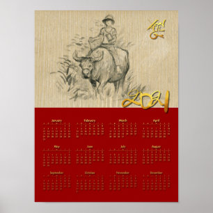 W Büffel Kid Chinesisches Ochsen Jahr 2021 Kalende Poster