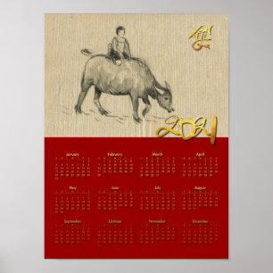 W Büffel Kind chinesischer Ochse Jahr 2021 Kalende Poster