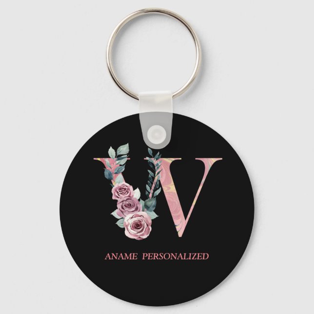 W Floral Monogram Name Letters Pink Agate Schlüsse Schlüsselanhänger (Vorderseite)