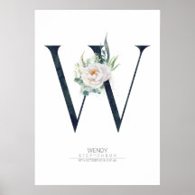 W Letter Monogram Weiße Blume und Grünflächen