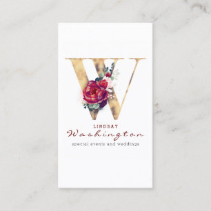 W Monogram Burgundy Red Blume und Gold Glitzer Visitenkarte