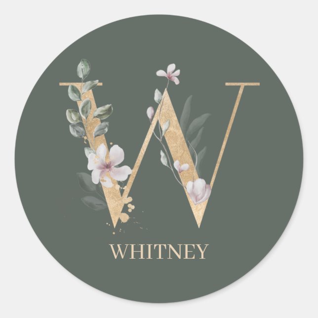 W Monogram Floral Personalisiert Runder Aufkleber (Vorderseite)
