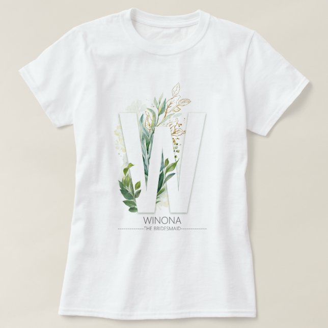 W Monogram Gold Greenery Blätter Elegant T-Shirt (Design vorne)