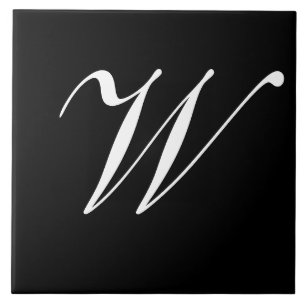 W Monogram Initial White auf Schwarz Fliese
